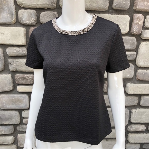 Adrienne Vittadini Tops - 🔴Black Short Sleeve Beaded Collar Top sz L